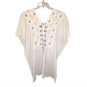 Mexican embroidered tunic people happy gathering one size woman's throw over